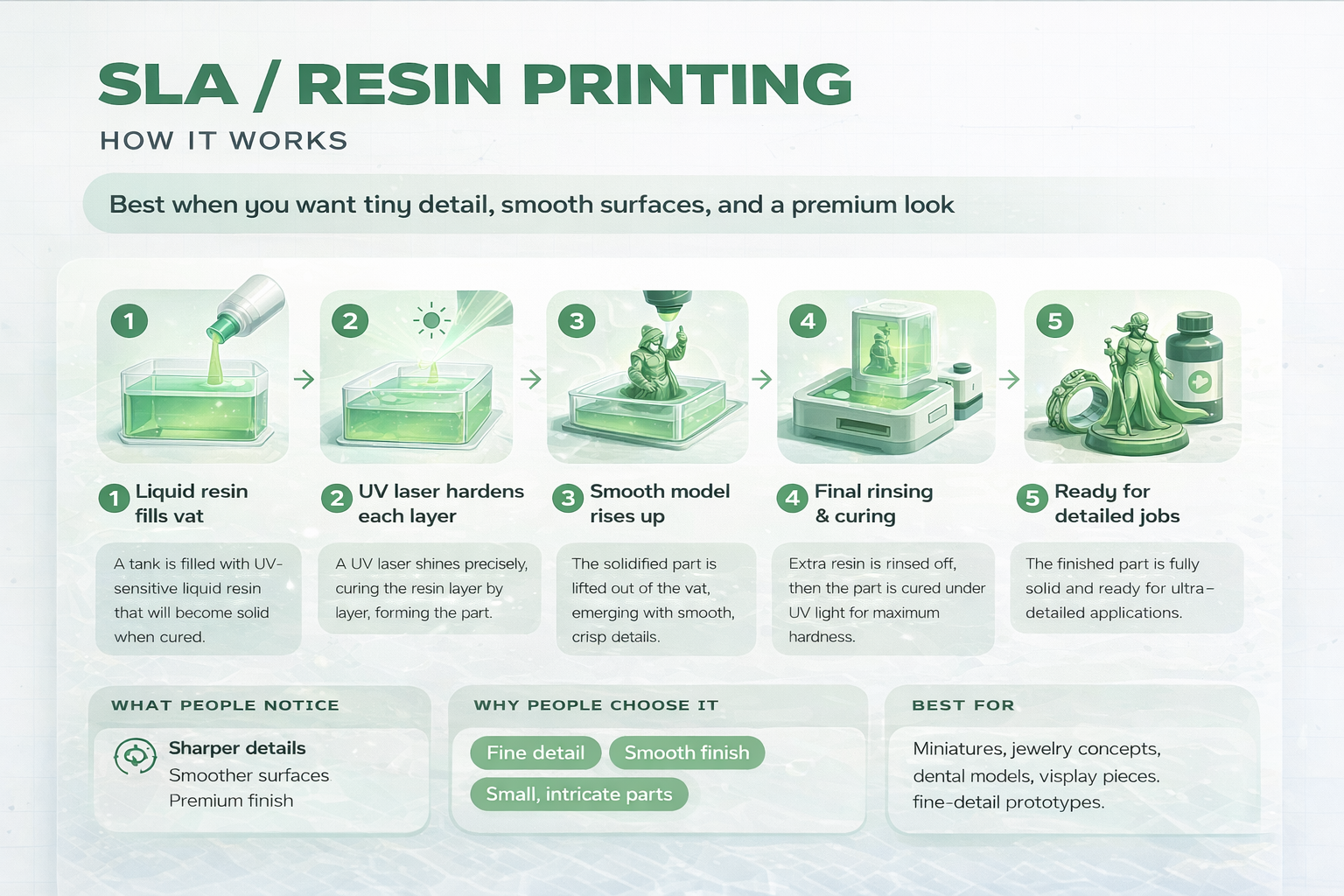 SLA resin printing process infographic